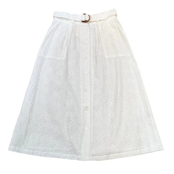FRNCH Dresses & Skirts - NEW FRNCH Petra Skirt White Floral Cotton Eyelet Belt Accent Button Front Small